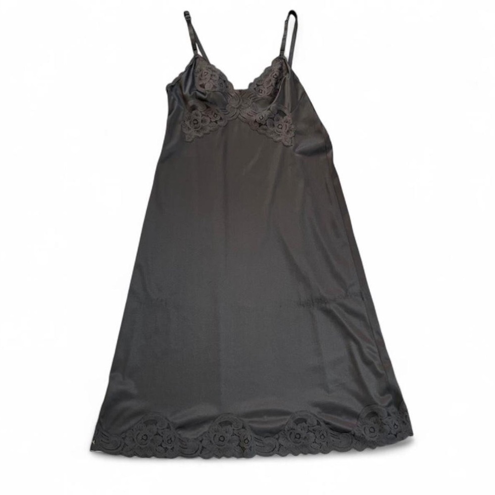 Vtg Vanity Fair Black Satin Lace Slip Dress Sz ~XS Made in USA Sheer Minimalist